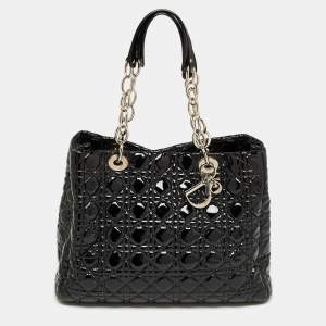 Pre Owned Dior Black Cannage Patent Leather Large Soft Lady Dior Shopper Tote