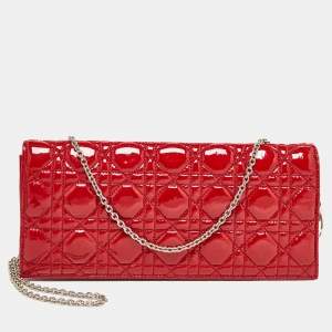 Pre Owned Dior Red Cannage Patent Leather Lady Dior Chain Clutch