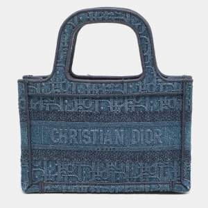 Pre Owned Dior Blue Oblique  Embroidered Denim Mini Book Tote