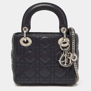 Pre Owned Dior Dark Blue  Cannage Leather Mini Lady Dior Tote