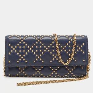 Pre Owned Dior Navy Blue Leather Studded Lady Dior Wallet on Chain