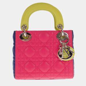 Dior Pink Leather  Cannage Small Tri-Color Lady Dior Top Handle Bags