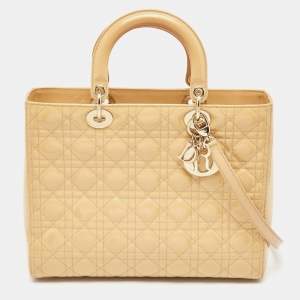 Pre Owned Dior Beige Cannage Patent Leather Large Lady Dior Tote