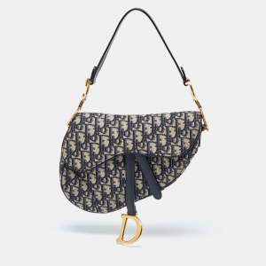 Pre Owned Dior Blue Oblique Canvas and Leather Saddle Bag