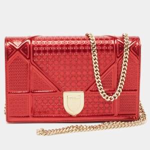 Dior Red Micro Cannage Patent Leather Diorama Wallet On Chain