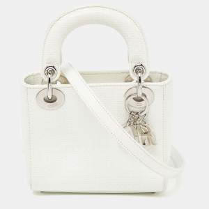 Pre Owned Dior White Microcannage Patent Leather Mini Chain Lady Dior Tote