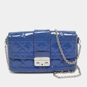 Pre Owned Dior Blue Cannage Patent Leather New Lock Chain Clutch