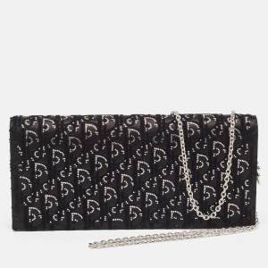 Dior Black Oblique Satin Lady Dior Crystals Chain Clutch