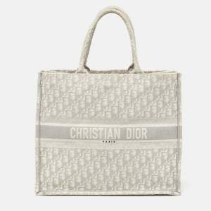 Pre Owned Dior Grey Oblique Embroidered Canvas Large Book Tote