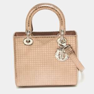 Pre Owned Dior Metallic Microcannage Patent Leather Medium Lady Dior Tote