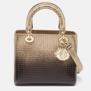 Pre Owned Dior Ombre Gold Micro Cannage Patent Leather Medium Lady Dior Tote