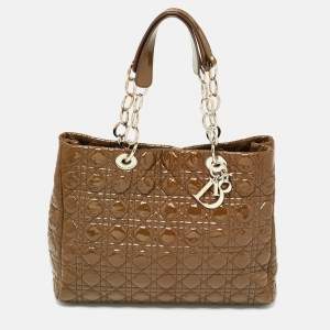 Pre Owned Dior Olive Green Cannage Patent Leather Large Soft Lady Dior Tote