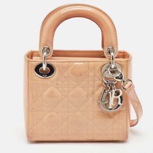 Dior Beige Cannage Patent Leather Mini Lady Dior Tote