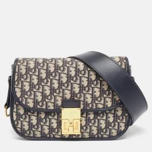 Pre Owned Dior Blue Oblique Canvas and Leather CD Logo Shoulder Bag