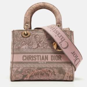 Dior Pink/Grey Embroidered Canvas Medium Lady D-Lite Tote