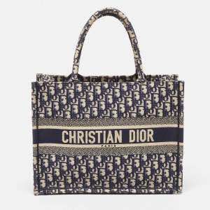 Pre Owned Dior Navy Blue Oblique Embroidered Canvas Medium Book Tote