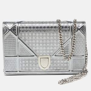 Pre Owned Dior SIlver Micro Cannage Patent Leather Diorama Wallet On Chain