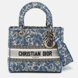 Pre Owned Dior Blue/Off White Cannage Embroidered Canvas Medium Lady D-Lite Tote