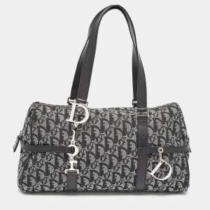 Pre Owned Dior Navy Blue Oblique Canvas and Leather Charms Boston Bag
