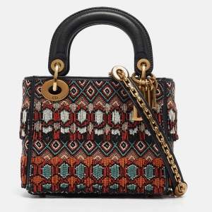 Pre Owned Dior Black/Multicolor Leather Beaded Fringe Mini Lady Dior Tote