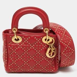  Dior Red Leather Medium Studded Supple Lady Dior Tote