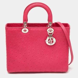 Dior Pink Ostrich Leather Large Lady Dior Tote