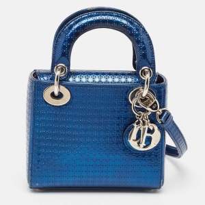 Dior Metallic Blue Microcannage Patent Leather Mini Lady Dior Tote