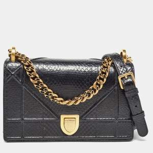 Pre Owned Dior Black Snakeskin Embossed Patent Leather Small Diorama Shoulder Bag