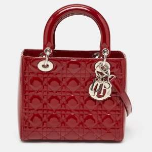 Dior Red Cannage Patent Leather Medium Lady Dior Tote