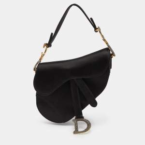 Pre Owned Dior Black Satin Mini Crystal Embellished Saddle Bag