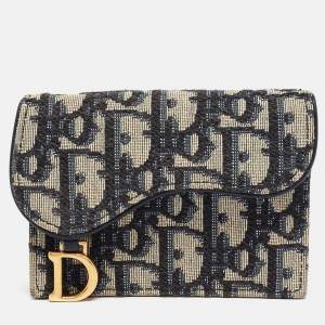 Pre Owned Dior Blue Oblique Canvas Saddle Flap Card Holder