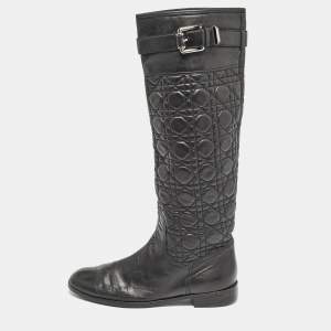 Dior Black Quilted Leather Buckle Detail Knee Length Boots Size 41