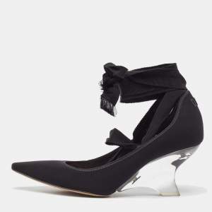 Pre Owned Dior Black Fabric Transparent Wedge Ankle Tie Pumps Size 38
