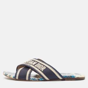 Dior Blue/White Canvas Dway Criss Cross Slide Sandals Size 37 