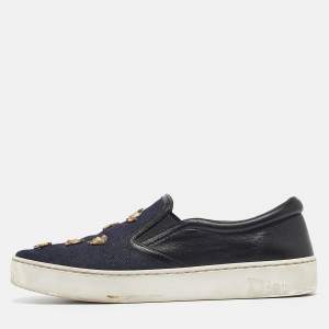 Dior Navy Blue/Black Denim and Leather Dior Happy Sneakers Size 38.5