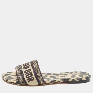Dior Black/Beige Logo Embroidered Canvas Dway Flat Slides Size 37.5