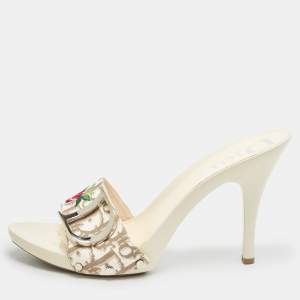 Dior White/Brown Oblique Canvas Embroidered Flower CD Buckle Detail Slide Sandals Size 40