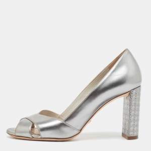 Pre Owned Dior Silver Leather Crisscross Cannage Heel Peep Toe Pumps Size 37