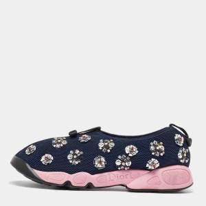 Dior Navy Blue Mesh Fusion Floral Embellished Slip On Sneakers Size 39