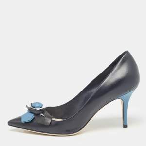 Pre Owned Dior Navy Blue Leather Flower Applique Pumps Size 38.5