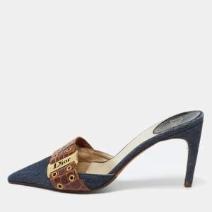 Dior Blue/Brown Denim and Croc Embossed Leather Denim Mules Size 36.5