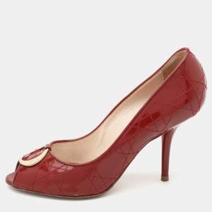 Dior Red Cannage Patent Leather Embellished Peep Toe Pumps Size 37