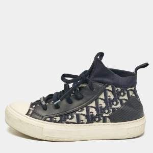 Dior Navy Blue/White Oblique Knit Fabric and Leather Walk'n'Dior Sneakers Size 38