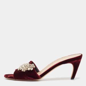 Dior Burgundy Velvet Crystal Embellished Slide Sandals Size 41