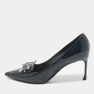 Dior Navy Blue Patent Leather Dianeme Crystals Pointed Toe Pumps Size 39