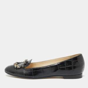 Dior Black Croc Embossed Leather Crystal Embellished Slip On Loafers Size 40.5