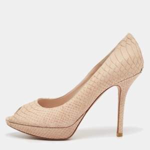 Dior Beige Embossed Python Peep Toe Platform Pumps Size 38.5