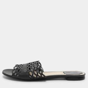 Pre Owned Dior Black Laser Cut Leather Flat Slides Size 39