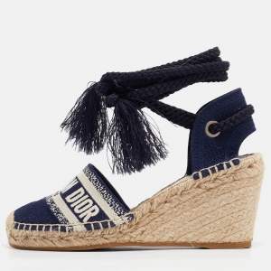 Dior Navy Blue Canvas and Knit Fabric Granville Wedge Sandals Size 35