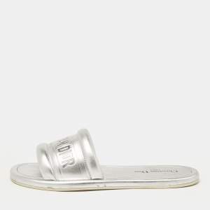 Dior Silver Leather Every-D Flat Slides Size 39